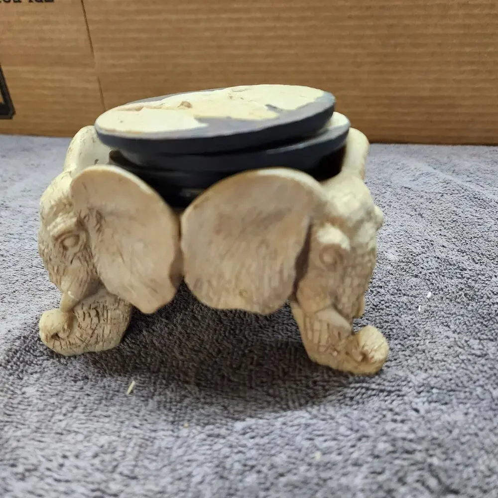 Set of 4 Stone coasters with African Elephant footed holder JJ